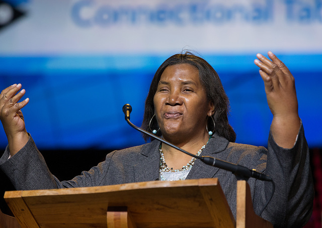 Benedita Penicela reports on the work of the Connectional Table during the 2016 United Methodist General Conference in Portland, Ore. Photo by Mike DuBose, UMNS