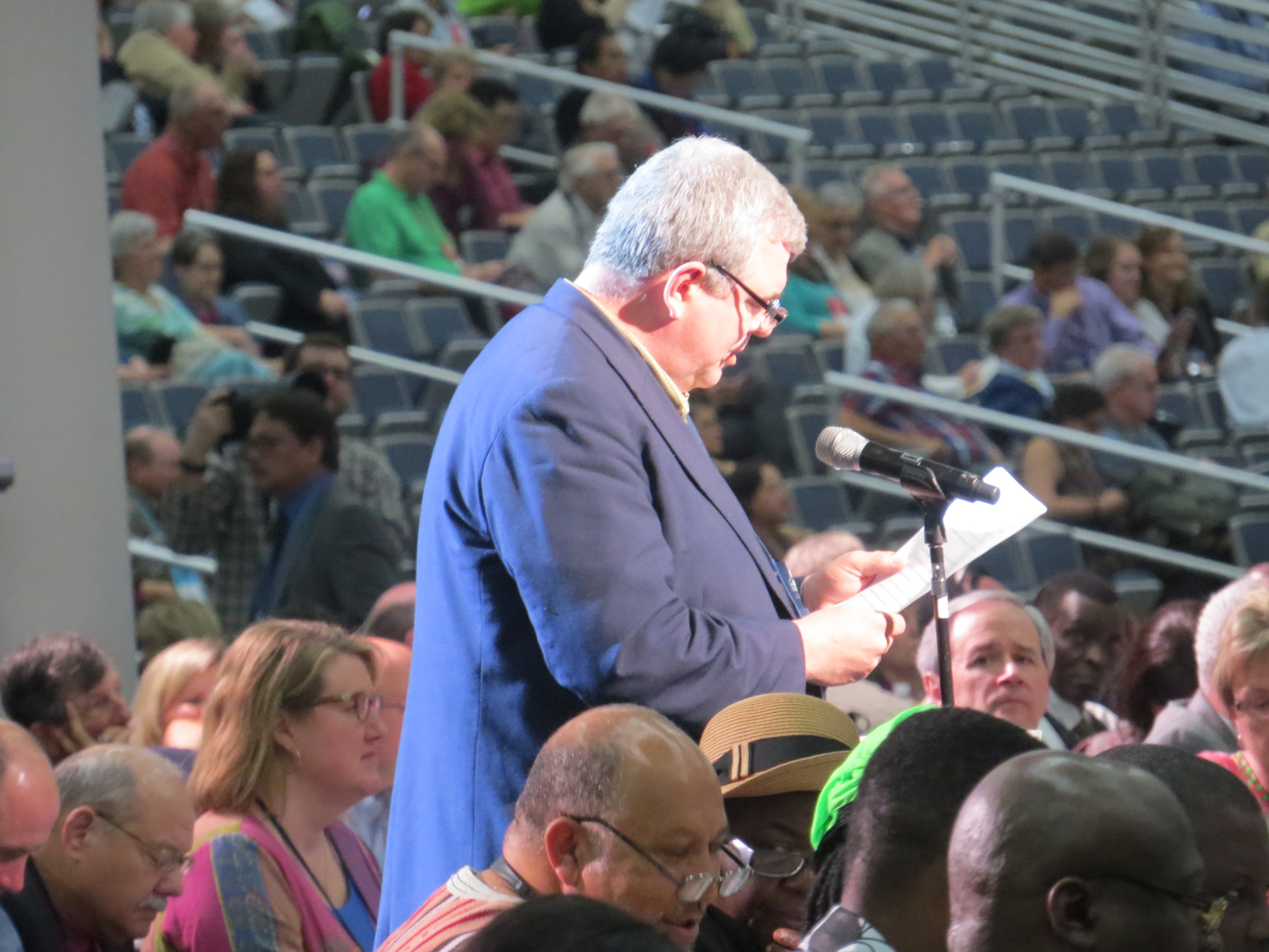 The Rev. Bob Zilhaver of the Western Pennsylvania Conference speaks May 13 at General Conference 2016 in Portland, Oregon. Zilhaver voiced concern that the use of iPads, as opposed to placards, was putting some delegates at a disadvantage in getting the attention of the presiding bishop. Photo by Sam Hodges, UMNS.