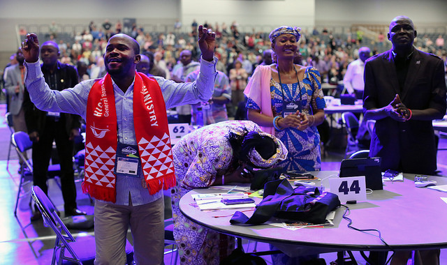 Morning worship by delegates
Ande Emmanuel, Eunice Iliya, Joyce Madanga and Habila Bala, delegates from Southern Nigeria Conference, react to the morning worship music at the 2016 United Methodist General Conference at the Portland Convention Center. Photo by Kathleen Barry, UMNS.