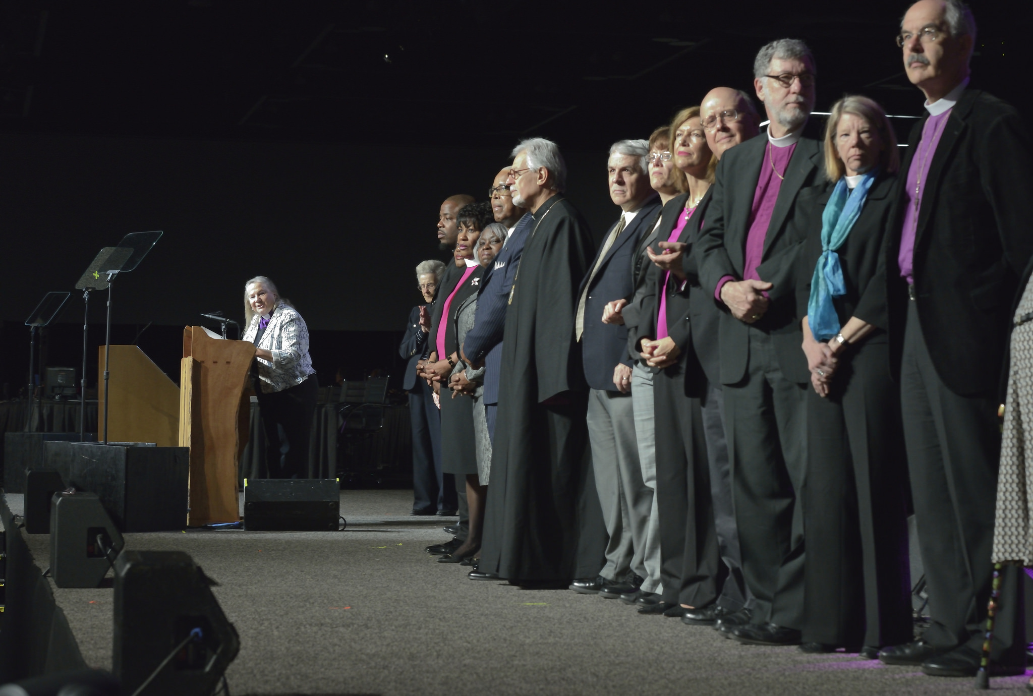 Bishop Mary Ann Swenson introduces representatives from Pan-Methodist Churches during a May 17 worship service at the 2016 United Methodist General Conference in Portland, Ore. Photo by Paul Jeffrey, UMNS. 
