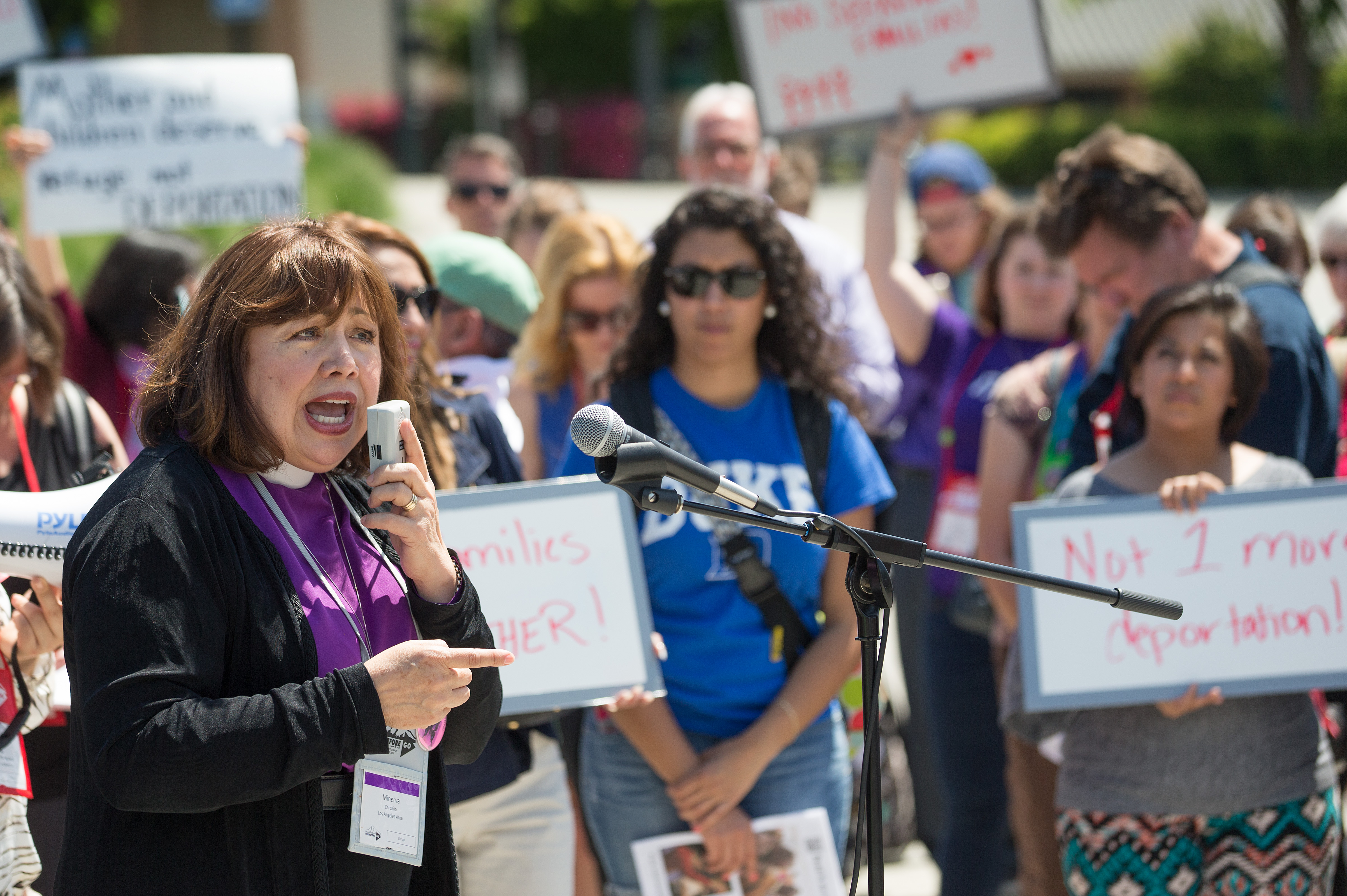 Bishop Minerva Carcaño addresses a rally of Methodists in support of immigration reform at the Convention Center Plaza outside the 2016 United Methodist General Conference in Portland, Ore. File photo by Mike DuBose, UMNS