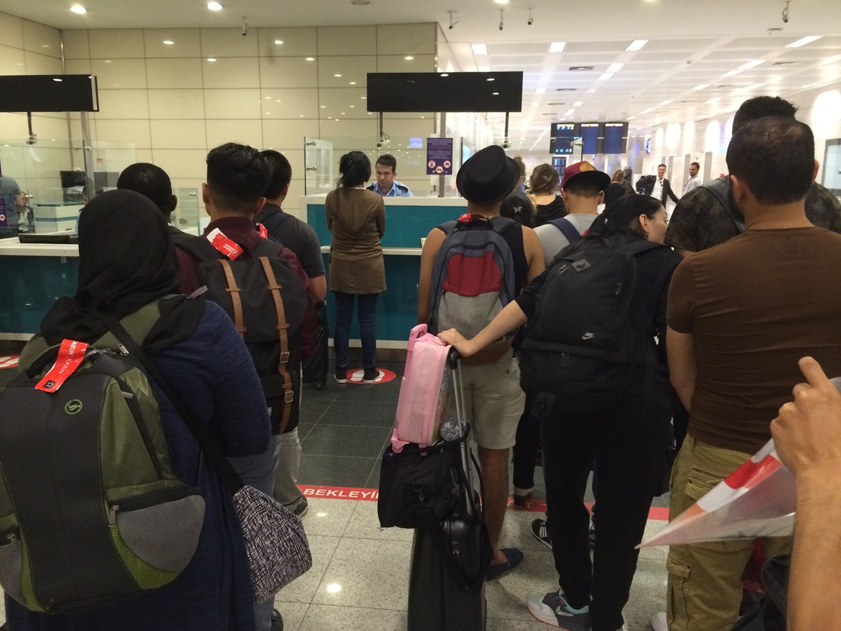 Those leaving the airport stand in the last portion of the line through passport control after the June 28 bombings at Istanbul Ataturk Airport. Photo by Thomas Kemper, Global Ministries

