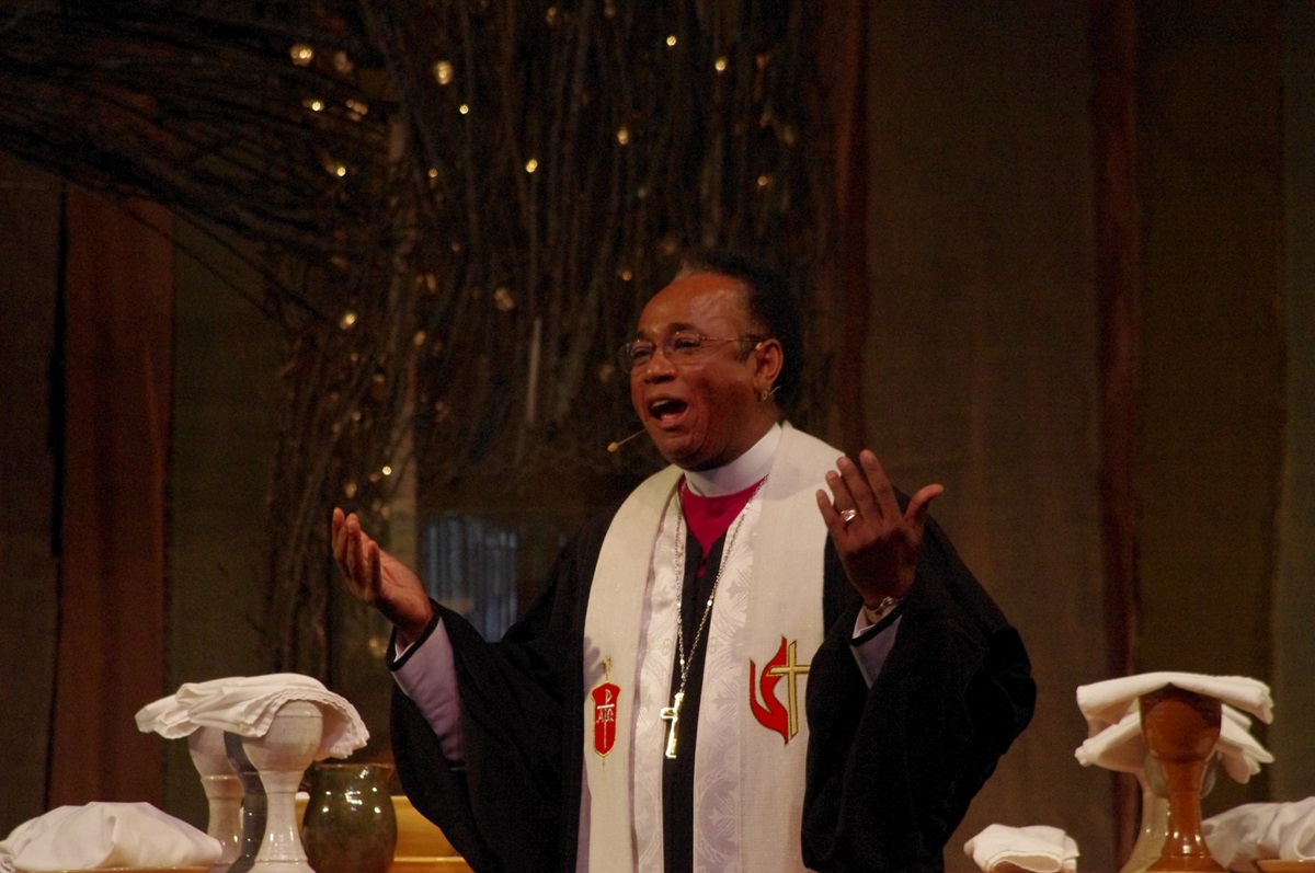 South Georgia Area Bishop James King preaches on unity during the July 13 opening worship service of the Southeastern Jurisdictional Conference in Lake Junaluska, N.C. Photo by the Rev. Burt Williams, Western North Carolina Conference.