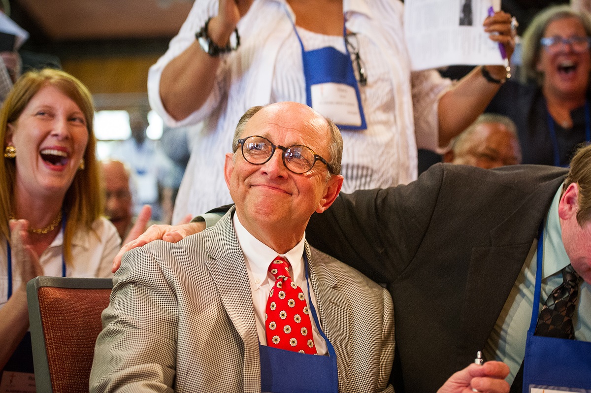 The Rev. Lawson Bryan learns he has been elected the fourth bishop in the Southeastern Jurisdiction during its meeting in Lake Junaluska, North Carolina. Photo by Matt Brodie, South Carolina Conference.

