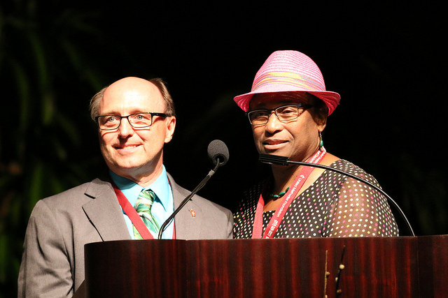 The Rev. David Bard, Minnesota, is introduced by Maggie Jackson, North Central Jurisdiction Committee on Episcopacy chair, as a newly elected bishop of the North Central Jurisdiction. Bard was elected on the 10th ballot on July 13, 2016. Photo courtesy of the North Central Jurisdiction. 