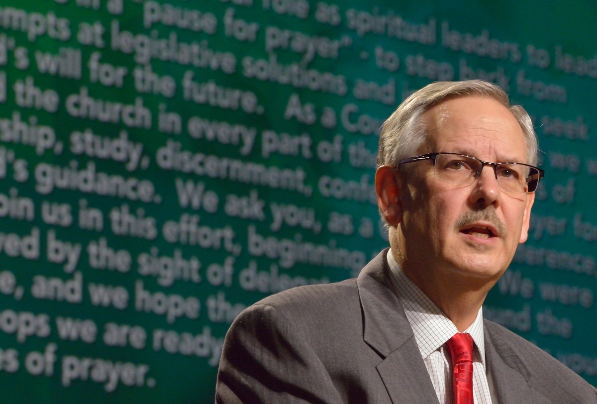 Bishop Bruce R. Ough reads a Council of Bishops statement about sexuality and the church at the 2016 United Methodist General Conference. File photo by Paul Jeffrey, UMNS