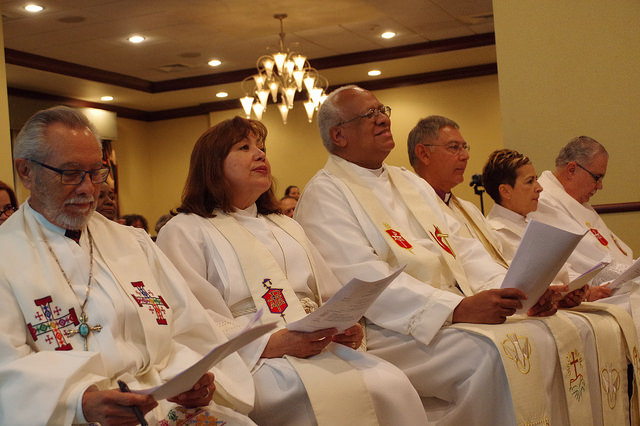 The Hispanic-Latino bishops of The United Methodist Church celebrated opening worship at the MARCHA Assembly in San Juan, Puerto Rico, on Aug. 4, 2016. Shown, from left: Bishop Elias Galvan, Bishop Minerva Carcaño, Bishop Rafael Moreno Rivas, Bishop Juan Vera Mendez, Bishop Cynthia Fierro Harvey and Bishop Hector Ortiz. Photo by the Rev. Gustavo Vasquez, UMCom.

