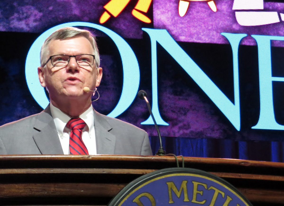 The Rev. Ted Campbell, a professor at Perkins School of Theology, speaking at the World Methodist Conference in Houston on Sept. 1. Photo by Sam Hodges, UMNS