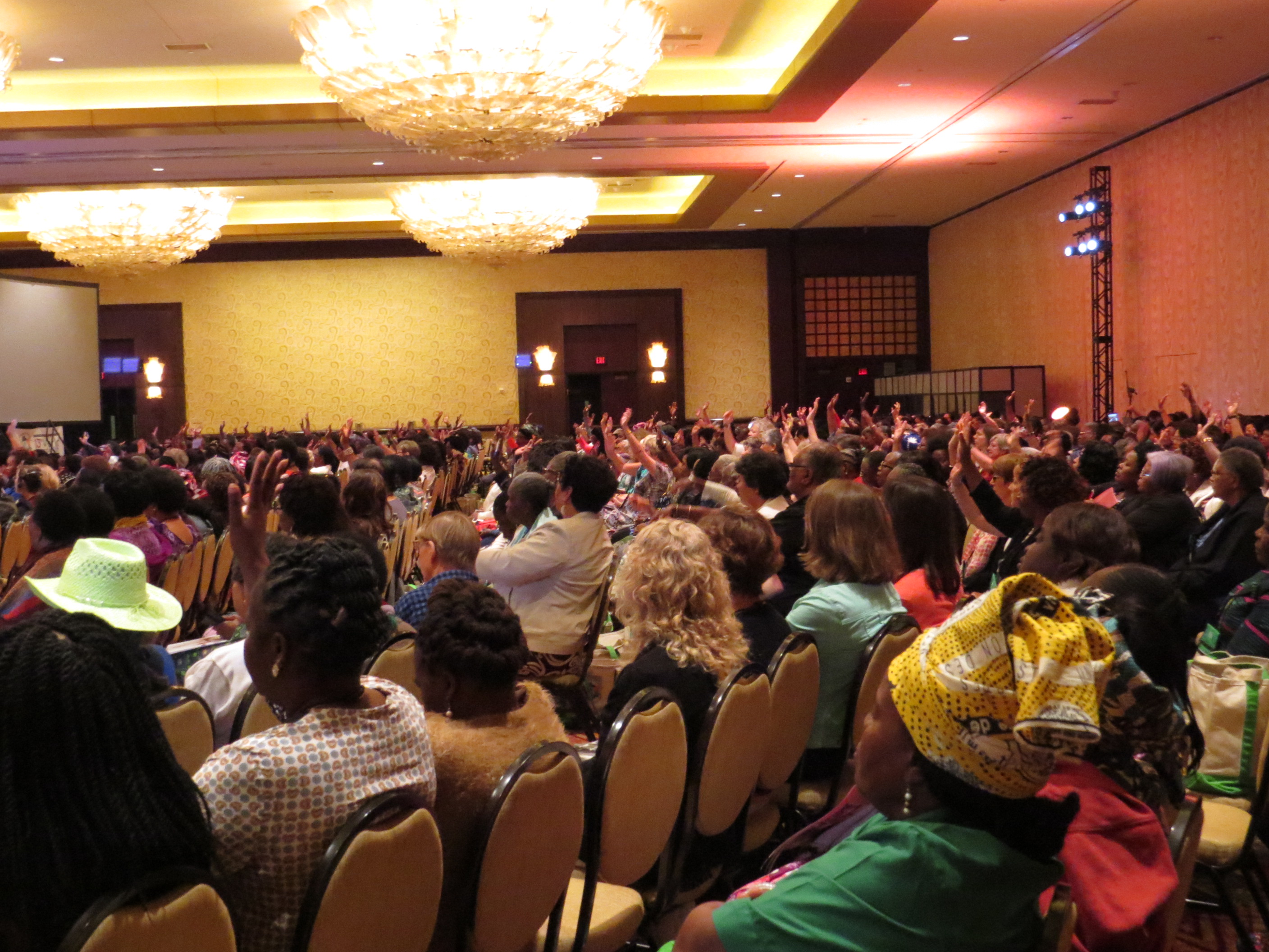 A Bible study led by the Rev. Grace Imathiu, pastor of Community United Methodist Church, in Naperville, Illinois, packed a large hotel conference room in Houston on Sept. 2. The Bible study was for the World Federation of Methodist & Uniting Church Women, which met concurrently with the World Methodist Conference. Photo by Sam Hodges, UMNS
