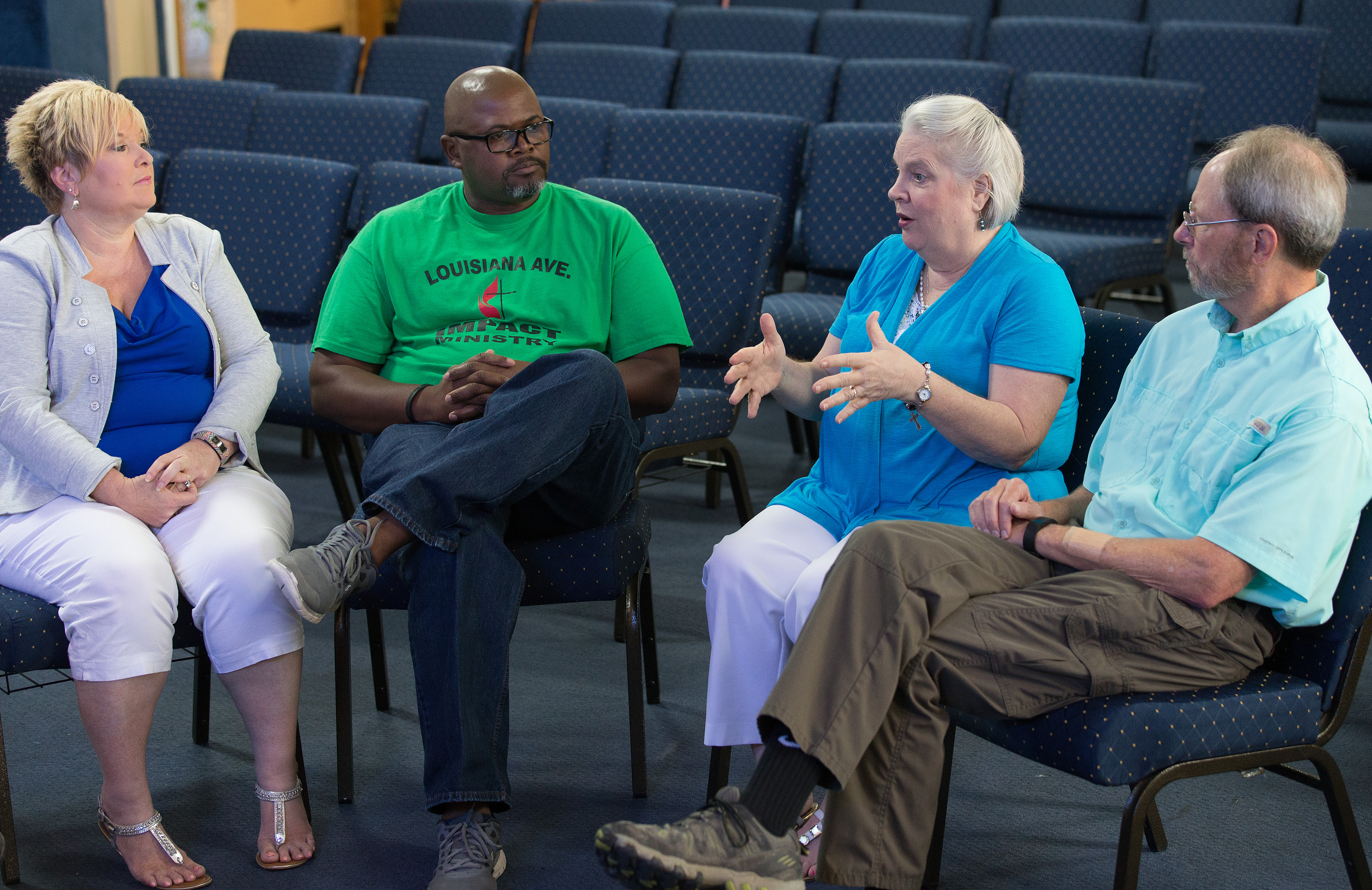 United Methodist clergy and disaster response officials discuss church response to historic flooding in southern Louisiana during a meeting at Louisiana Avenue United Methodist Church in Lafayette. From left are: the Revs. Ramonalynn Bethley, Robert Johnson and Susan Ferguson and Scott Sutton, Acadiana District recovery coordinator. Photo by Mike DuBose, UMNS