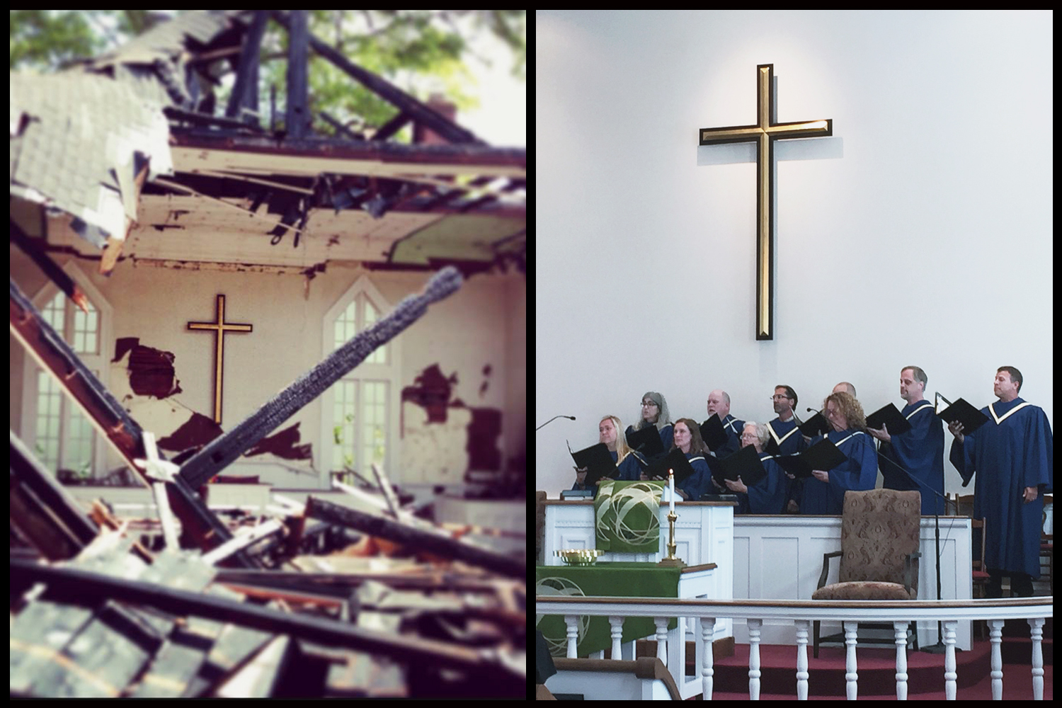 The sanctuary of Oconee Street United Methodist Church in Athens, Ga., shortly after the fire on April 15, 2013, (left) and back in use on Sept. 11, 2016. The cross survived. Photos courtesy of the Rev. Lisa Caine and Heather Hahn
