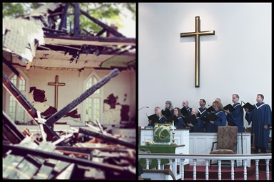 The sanctuary of Oconee Street United Methodist Church in Athens, Ga., shortly after the fire on April 15, 2013, (left) and back in use on Sept. 11, 2016. The cross survived. Photos courtesy of the Rev. Lisa Caine and Heather Hahn The sanctuary of Oconee Street United Methodist Church in Athens, Ga., shortly after the fire on April 15, 2013, (left) and back in use on Sept. 11, 2016. The cross survived. Photos courtesy of the Rev. Lisa Caine and Heather Hahn