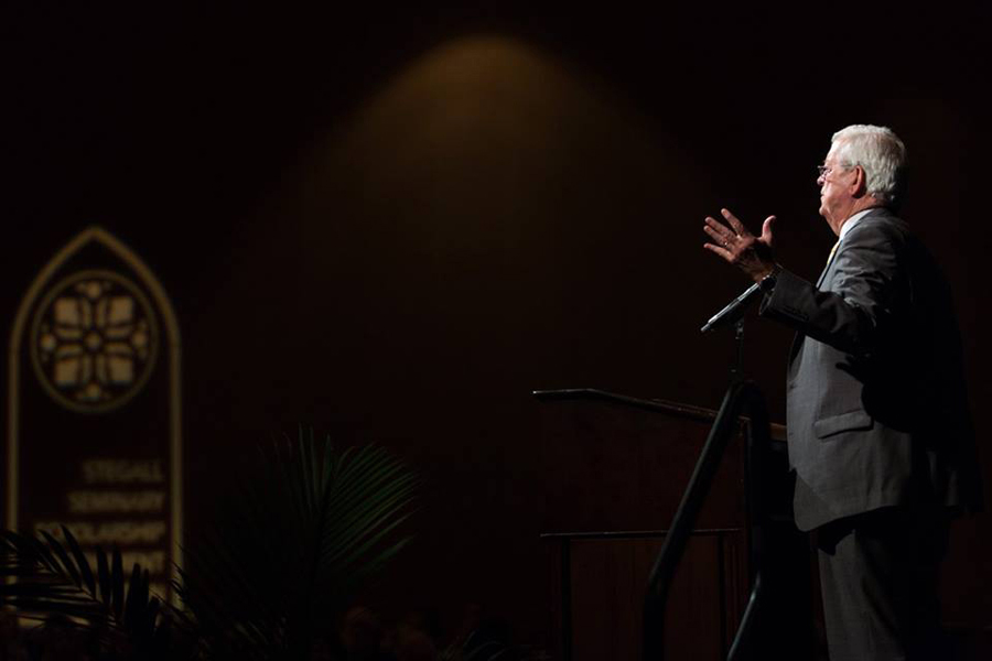 The Rev. Karl Stegall, creator of the Seminary Scholarship Endowment Foundation, speaks at the 2016 Dinner of Celebration held in Montgomery, Ala. More than 475 scholars, alumni, donors and sponsors attended. Photo by Luke Lucas, Alabama-West Florida Conference, courtesy of the Stegall Seminary Scholarship Endowment Foundation.