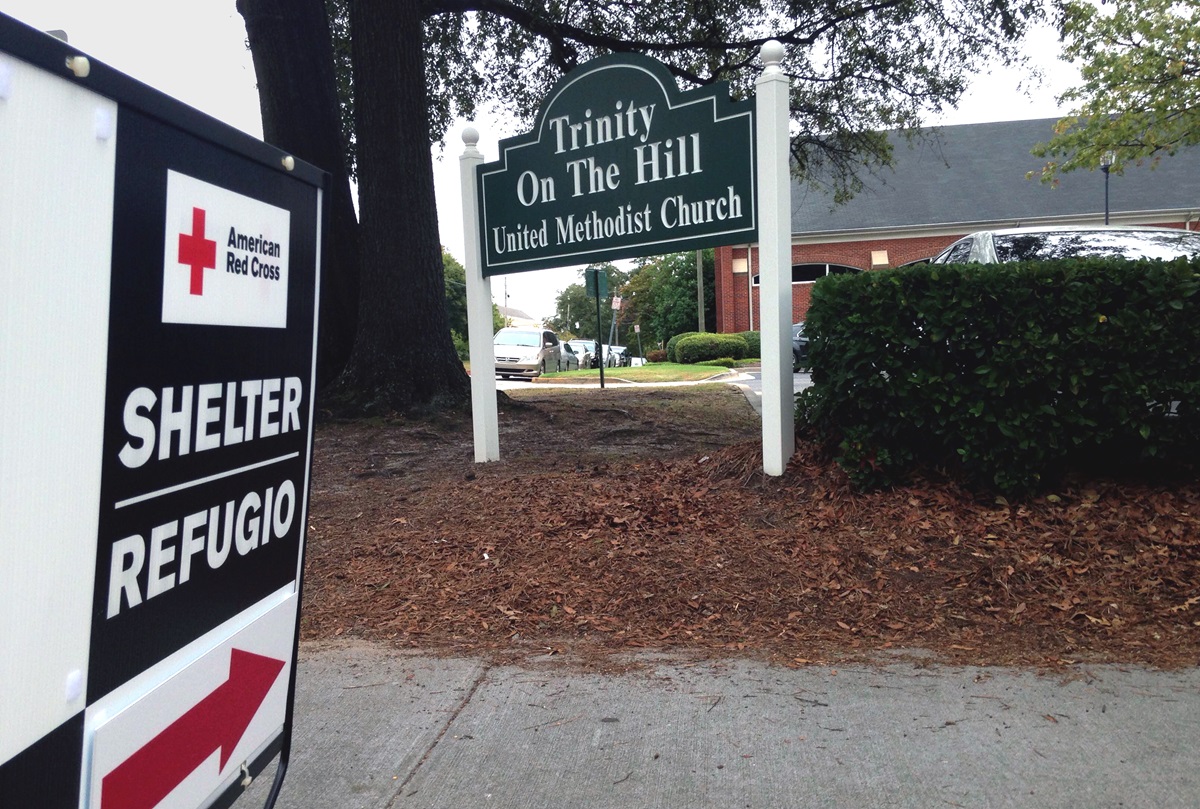 A sign in front of Trinity on the Hill United Methodist Church in Augusta, Georgia, marks it as a shelter during Hurricane Matthew. Photo by Scott Parish, North Georgia Conference.