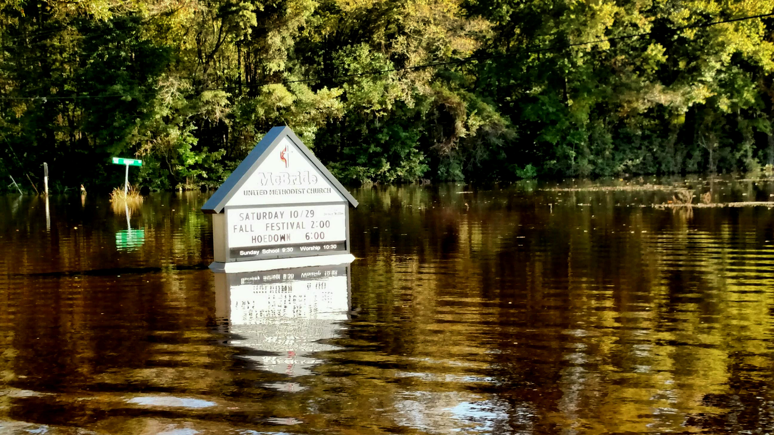 McBride United Methodist Church, South Mills, North Carolina, had eight to 10 inches of flood water in the fellowship hall after Hurricane Matthew. The ground was already saturated from September floods.