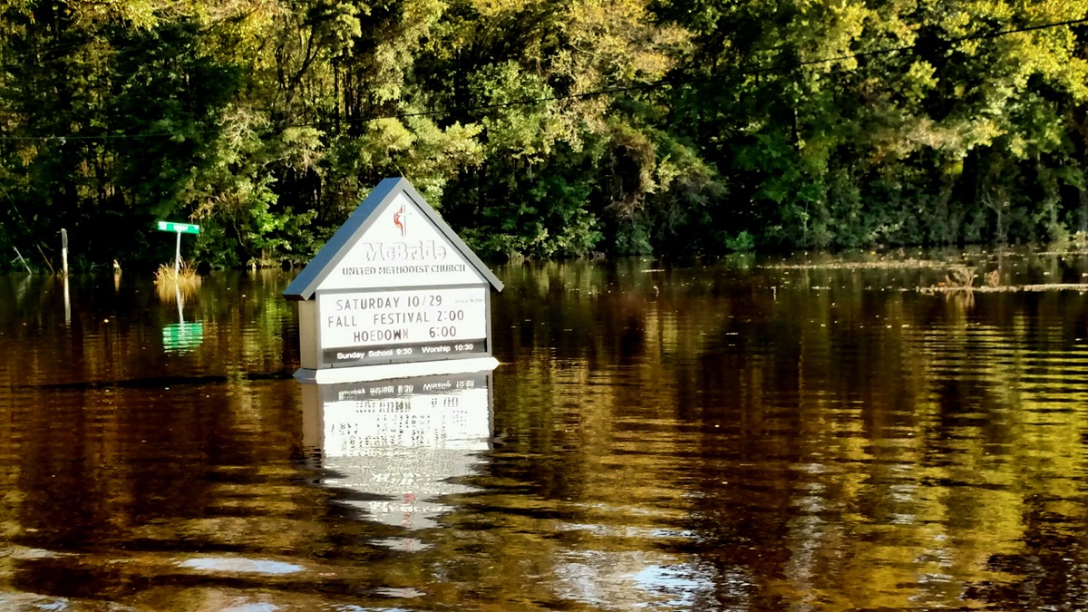 McBride United Methodist Church, South Mills, North Carolina, had eight to 10 inches of flood water in the fellowship hall after Hurricane Matthew. The ground was already saturated from September floods.