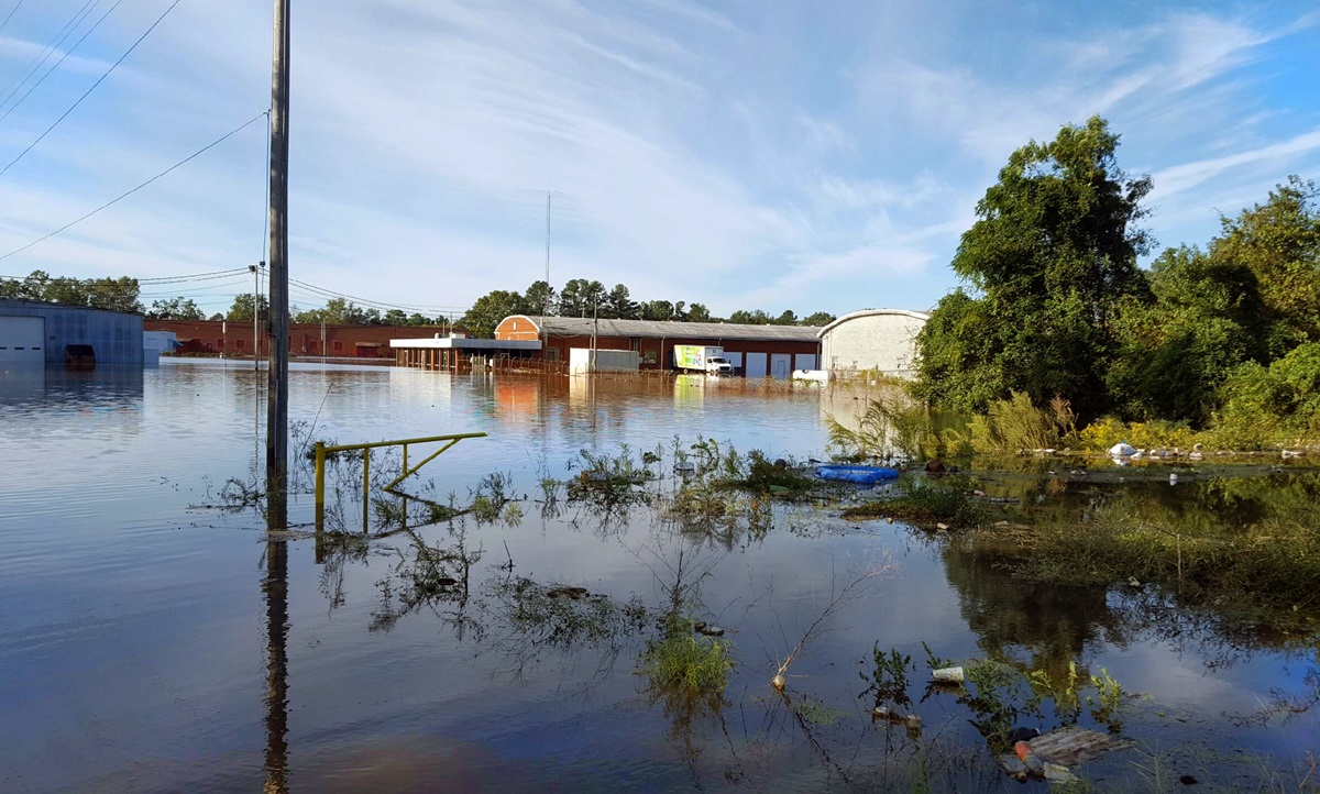 Water stands around the Robeson Church Community Center in Lumberton, N.C., after Hurricane Matthew hit the U.S. East Coast, Oct. 7-8. The Center provides services such as housing and a food pantry.