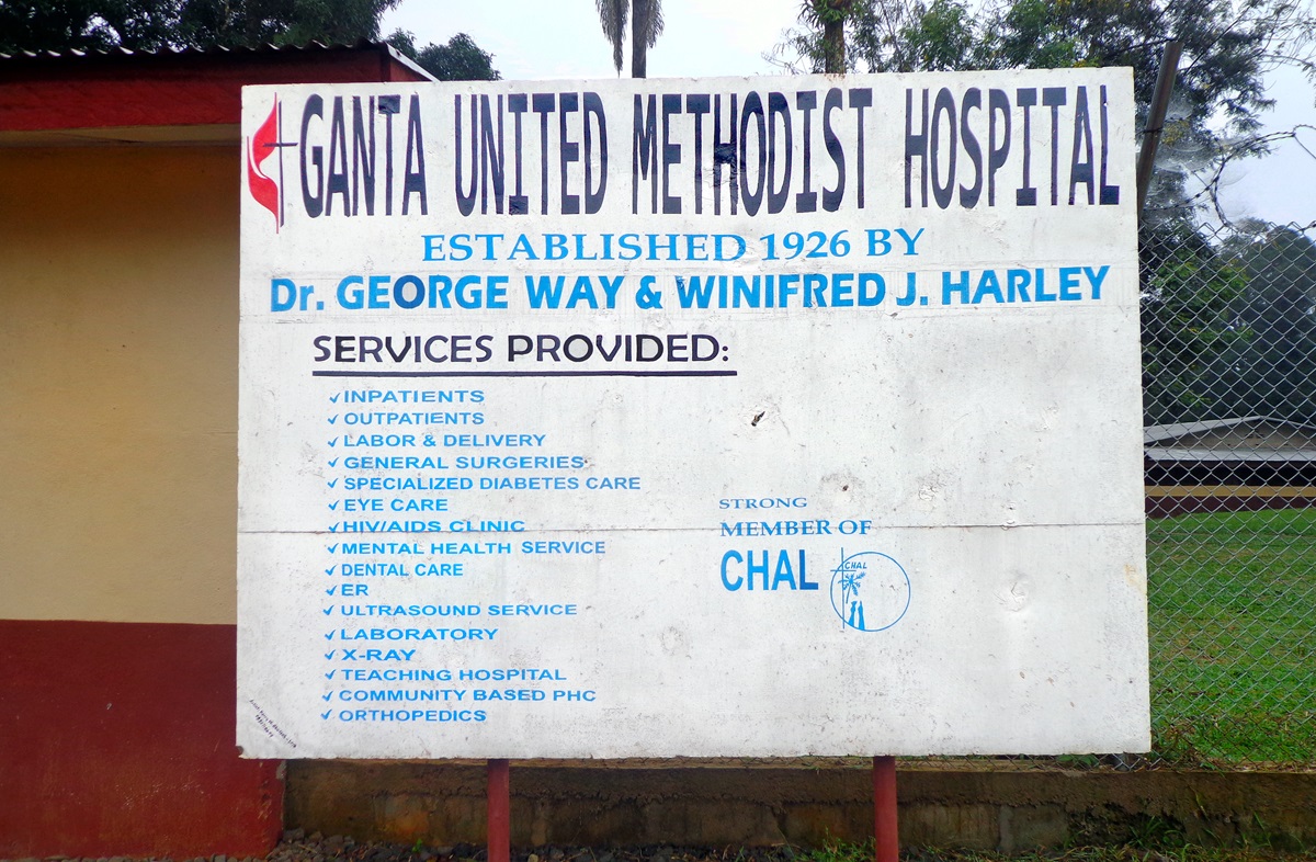 Sign in front of United Methodist Church Liberia Ganta Hospital. 