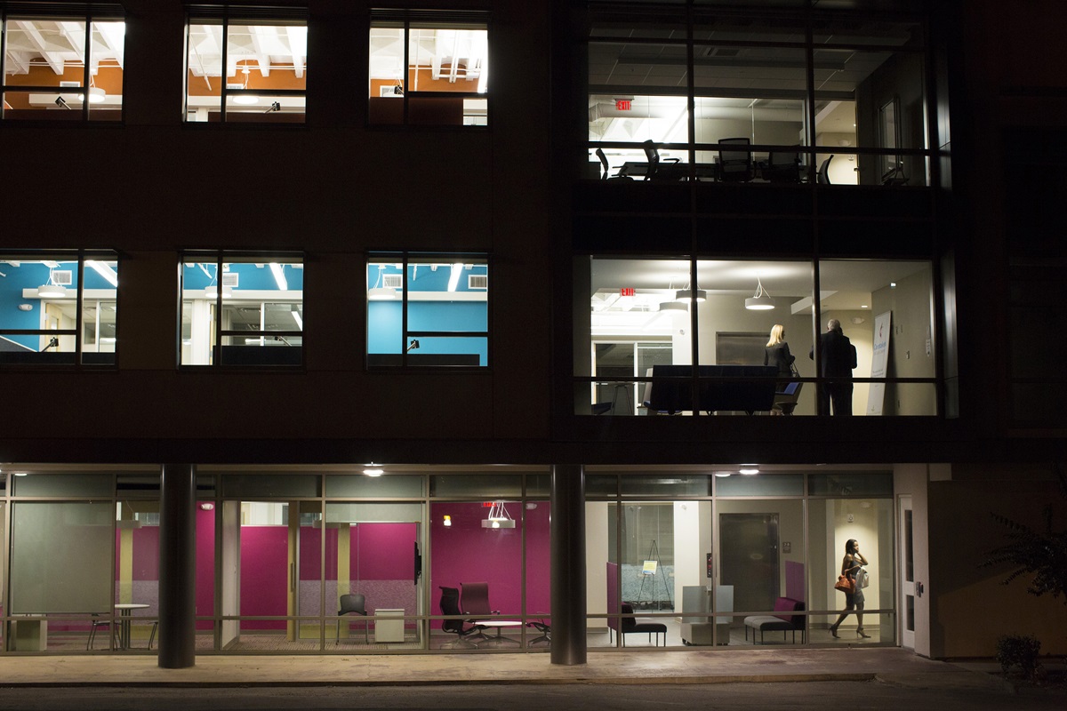 A night photo of the new offices at Global Ministries in Atlanta show off its colorful open floor plan. 