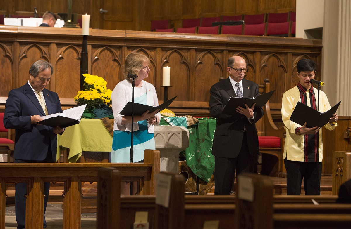 (From left) Bishops Hee-Soo Jung, Sue Haubert-Johnson, R. Lawson Bryan and Pedro Torio dedicate The United Methodist Church Global Mission Center in Atlanta on Oct. 20, 2016. 