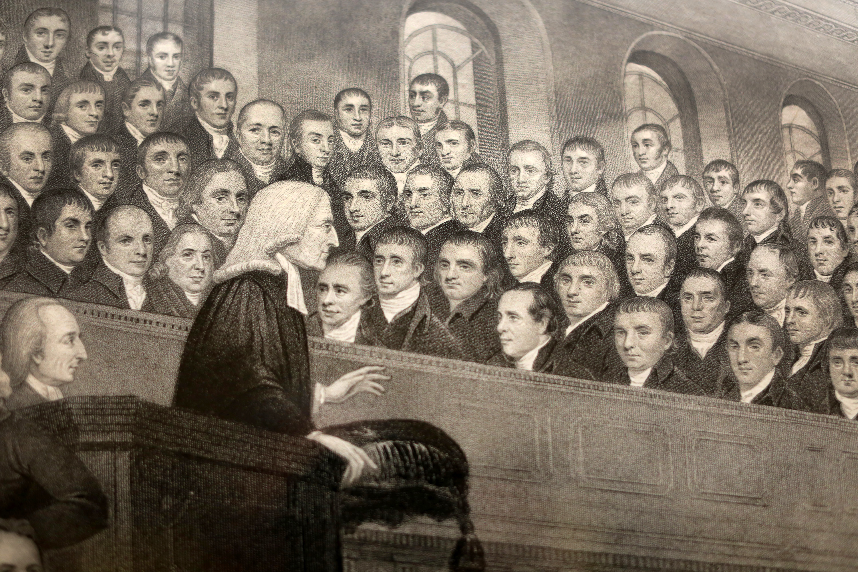 A close-up from a depiction of John Wesley preaching at City Road Chapel in London hangs inside The Old Rectory in Epworth. Photo by Kathleen Barry, United Methodist Communications