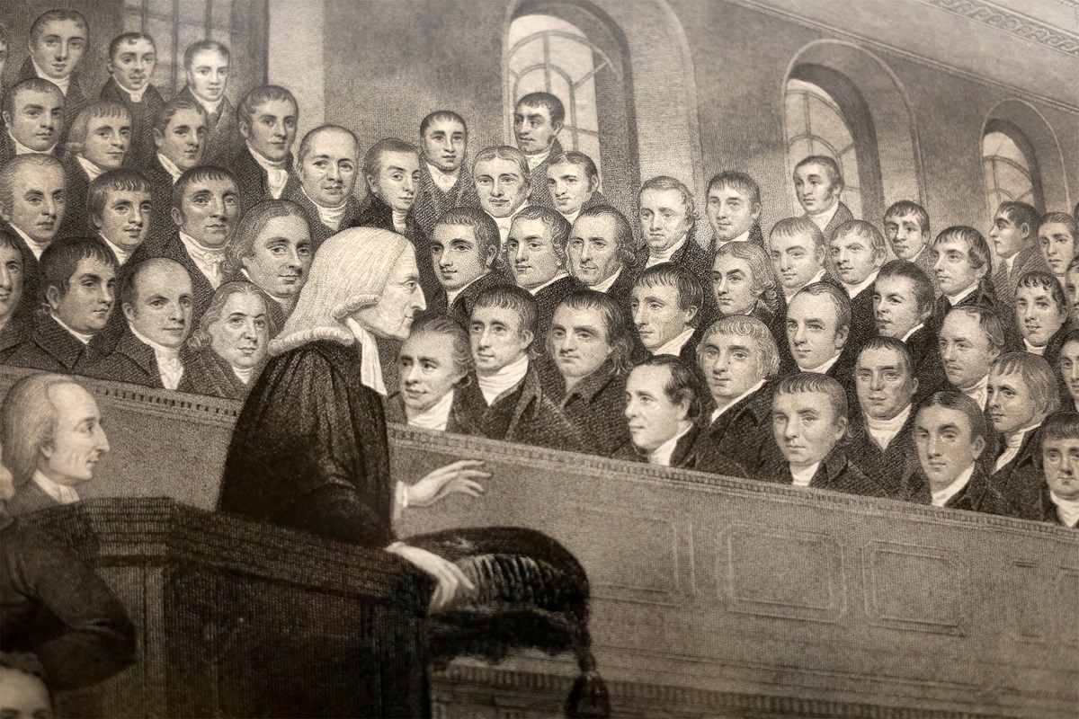 A close-up from a depiction of John Wesley preaching at City Road Chapel in London hangs inside The Old Rectory in Epworth. Photo by Kathleen Barry, United Methodist Communications