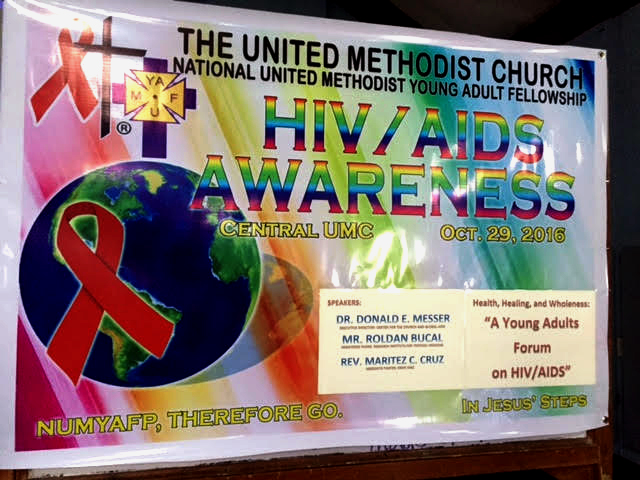 A banner for an HIV/AIDS forum to promote awareness of deadly disease, sponsored by The United Methodist Church. More than 160 clergy and laity members from Middle Philippines and South Nueva Ecija Philippines attended the event. Photo by Gladys P. Mangiduyos, UMNS.