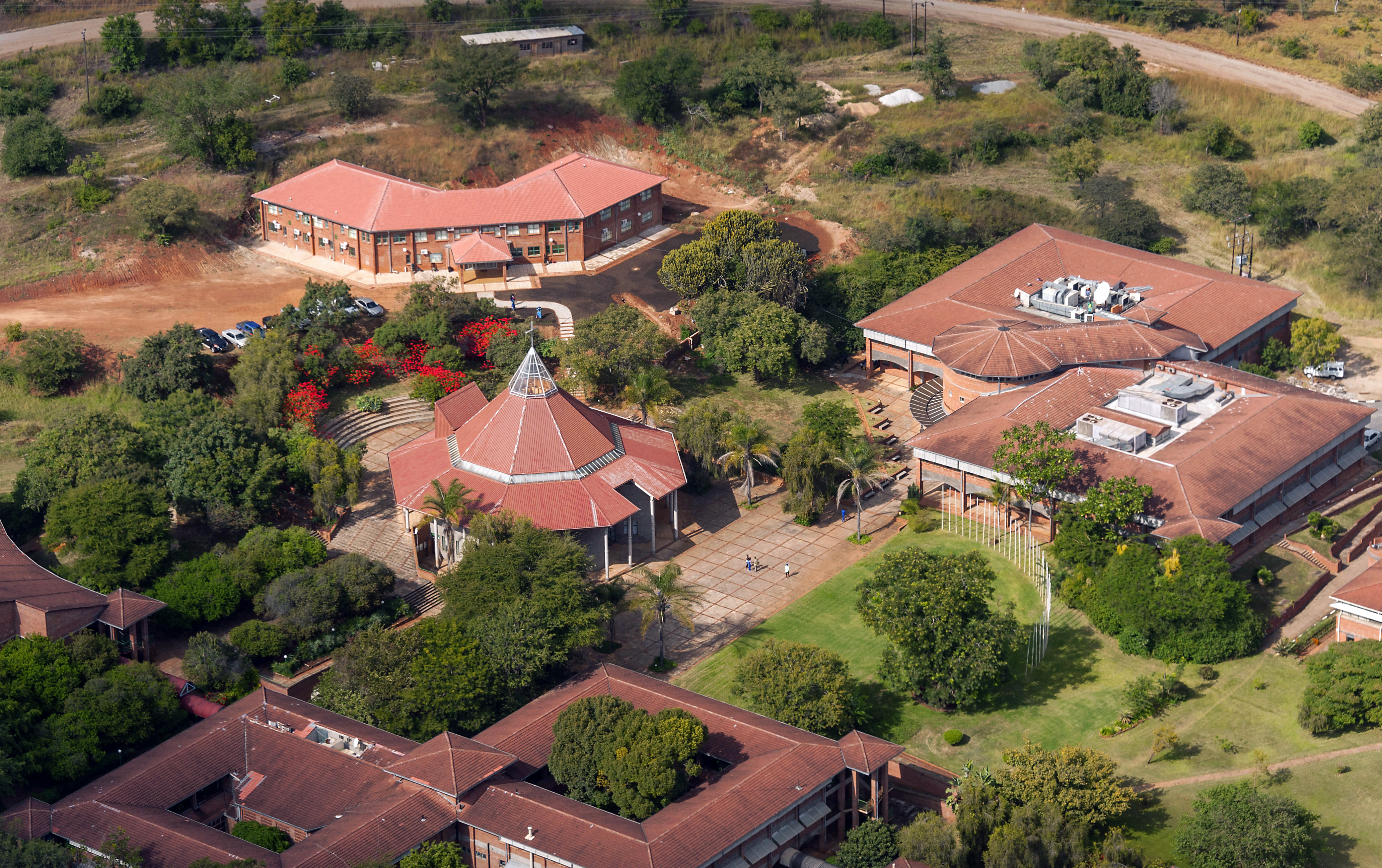 An aerial view of Africa University, located in Mutare, Zimbabwe, shows the central area of the campus, with the chapel and library. Photo courtesy of Africa University