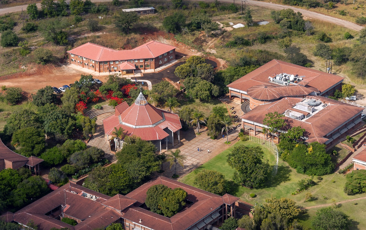 An aerial view of Africa University, located in Mutare, Zimbabwe, shows the central area of the campus, with the chapel and library. Photo courtesy of Africa University