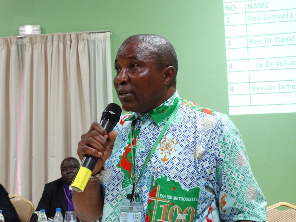 Bishop-elect Samuel J. Quire addresses West Africa Central Conference delegates after his election. Photo by Julu Swen, UMNS