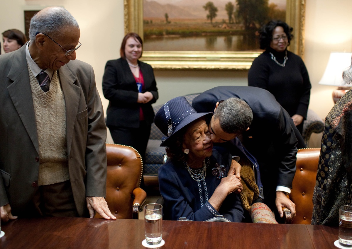 President Barack Obama kisses Dorothy Height during a meeting on Martin Luther King Jr. Day in the Roosevelt Room of the White House on Jan. 18, 2010. President Obama met with a group of African-American seniors and their grandchildren on the legacy of the civil rights movement. 