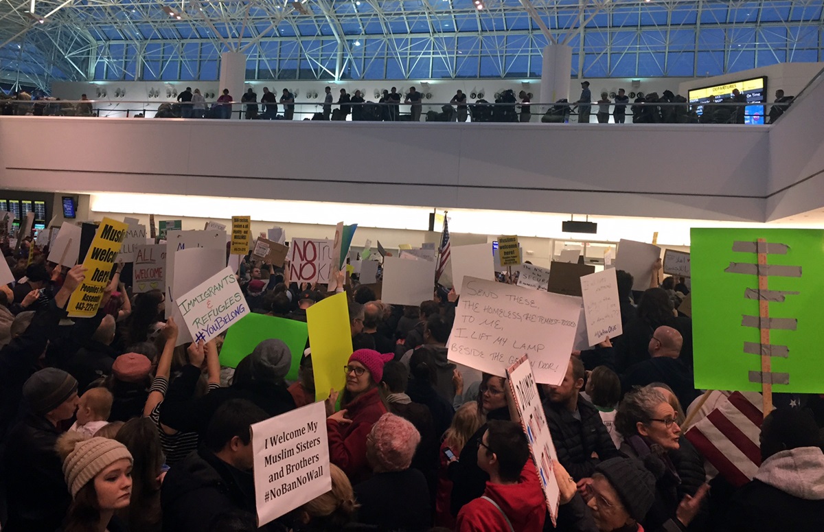 At Thurgood Marshall Baltimore Washington International Airport, published reports state that 2,000 people gathered outside the international arrivals area to rally against the president’s executive order. Photo by Erik Alsgaard, Baltimore-Washington Conference.