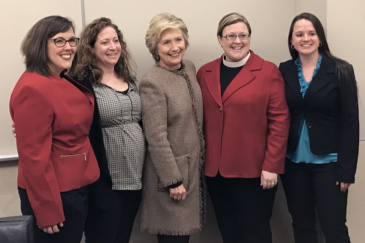 Joining Hillary Clinton, center, at a Jan. 31 lunch were, from left, the Revs. Jen Tyler, Emily Peck-McClain, Danyelle Ditmer and Shannon Sullivan. The four United Methodist clergywomen, along with the Rev. J. Paige Boyer, were part of an editorial team sending daily devotions during Clinton’s campaign for U.S. president. Photo courtesy of Danyelle Ditmer