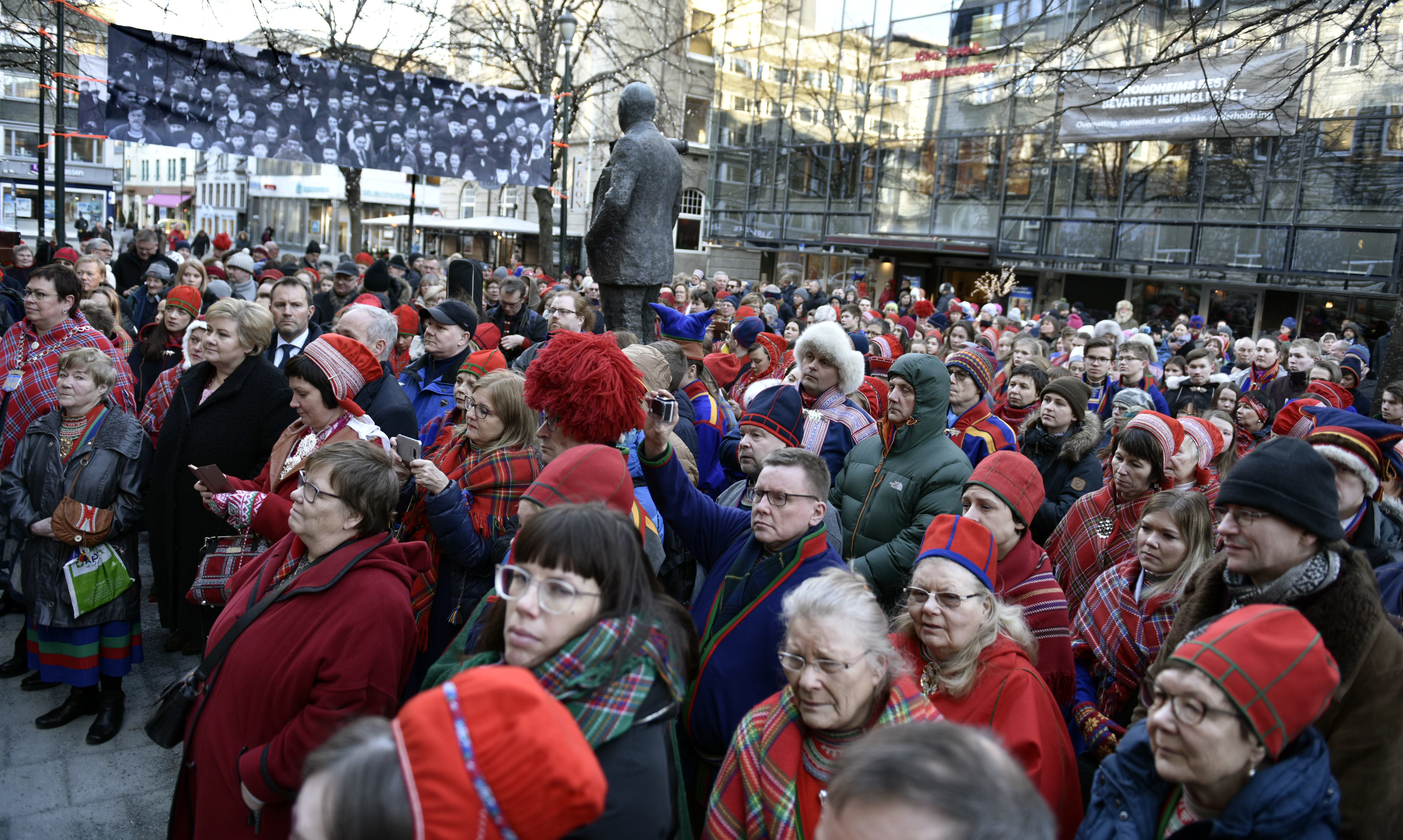 The centennial events in Trondheim, Norway, started with a meeting outside the United Methodist Church celebrating the actual site of the first Sami congress. The event was hosted by Sami youth organizations and attended by Norwegian Prime Minister Erna Solberg. Photo by Karl Anders Ellingsen.