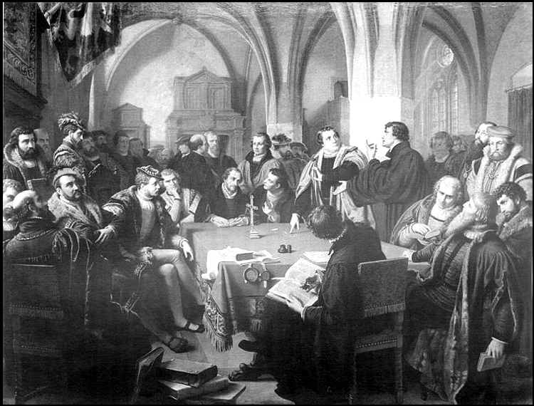 This 1869 oil painting by German artist Christian Carl August Noack depicts the Colloquy of Marburg, where Martin Luther and Ulrich Zwingli hotly debated how Christ is present in the Eucharist. The fight ultimately led to the first split among Protestant reformers. Public domain image from the Gymnasium Philippinum, courtesy of Wikimedia Commons.