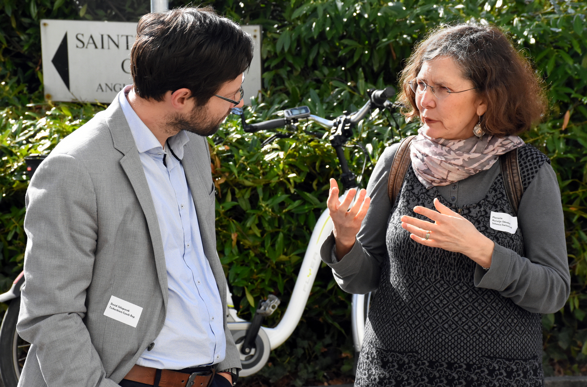David Chlupacek, left, from the Czech Republic, speaks with the Rev. Marietjie Odendaal, from Switzerland, during the 2017 Central Conference of Central and Southern Europe. The quadrennial gathering drew 110 people to Zurich from more than 20 countries in Europe, North America and North Africa. Photo by Üllas Tankler, Global Ministries.
