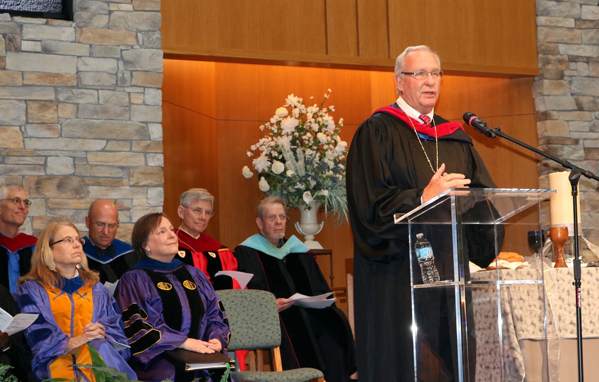 The Rev. Neil Blair, president of the Saint Paul School of Theology, preaches at Opening Convocation on the campus in Leawood, Kansas. Photo by Heather Snodgrass, courtesy of Saint Paul School of Theology.