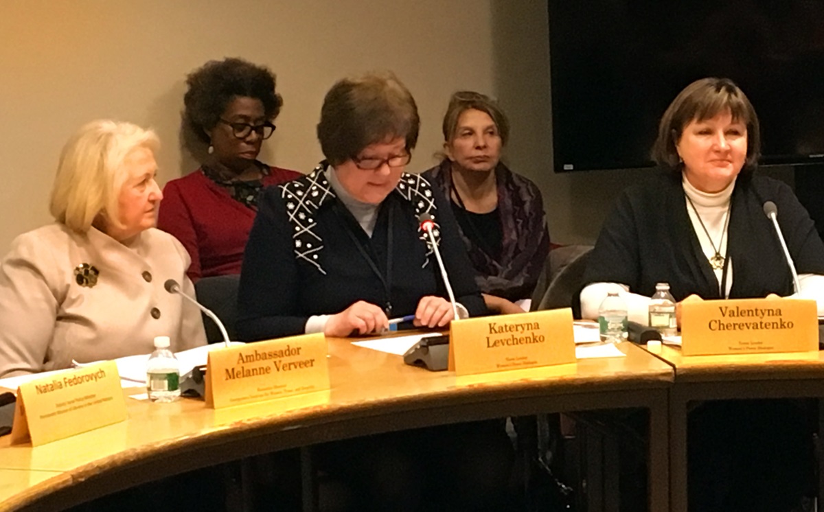 Kateryna Levchenko of Ukraine, center, speaks during a March 16 panel discussion at the U.N. about her participation in a women's peace dialogue. Other panelists included Ambassador Melanne Verveer, left, executive director, Georgetown Institute for Women, Peace and Security, who served as moderator, and Valentyna Cherevatenko, right, a dialogue participant from the Russian Federation. Photo by Linda Bloom, UMNS.