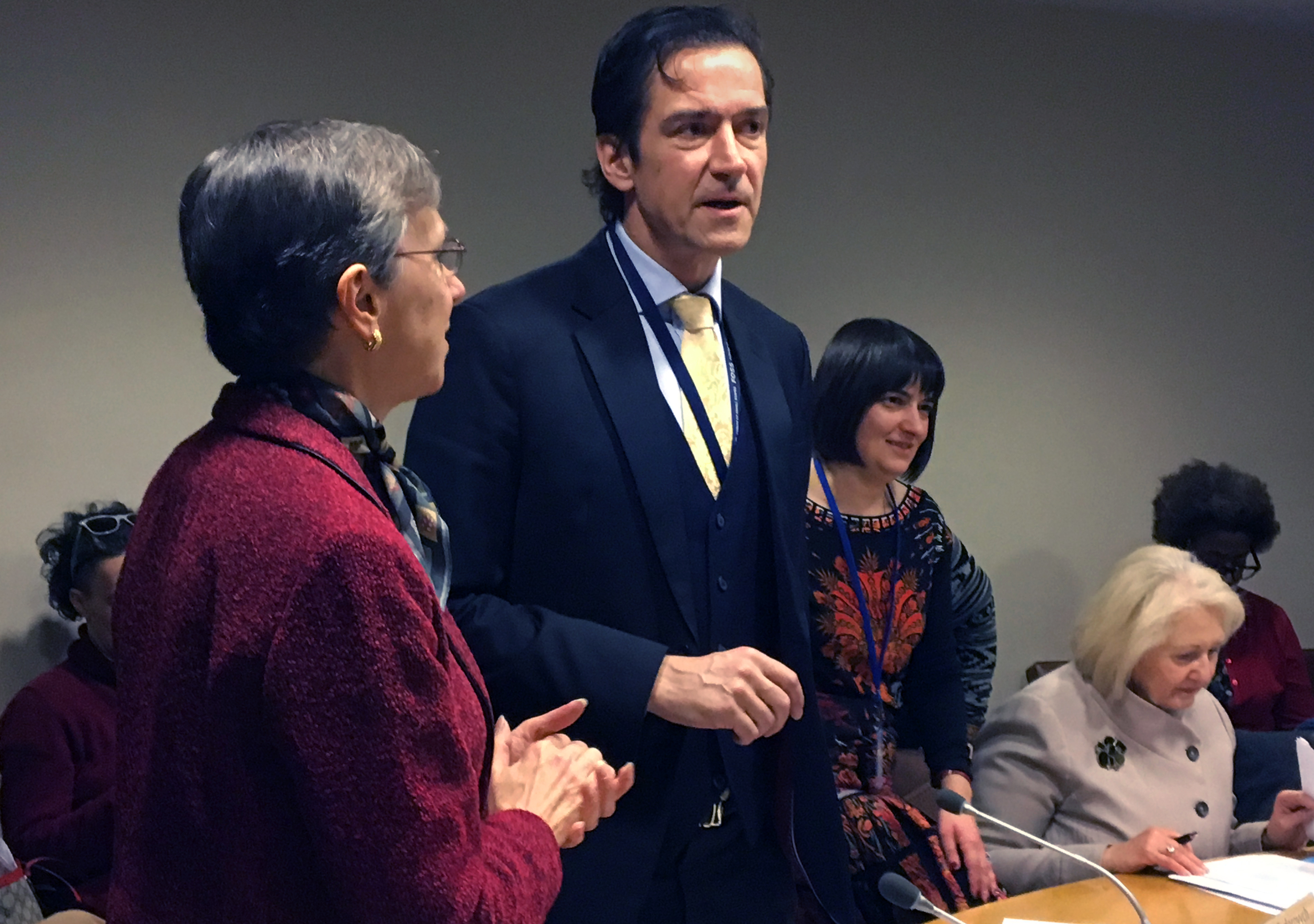 Harriett Jane Olson, top executive of United Methodist Women, talks with Ambassador Kai Sauer, permanent representative of Finland to the United Nations, before a March 16 panel discussion on a women's peace dialogue process that UMW has fostered. The panel was a side event for the 61st Session of the U.N. Commission on the Status of Women. Photo by Linda Bloom, UMNS.