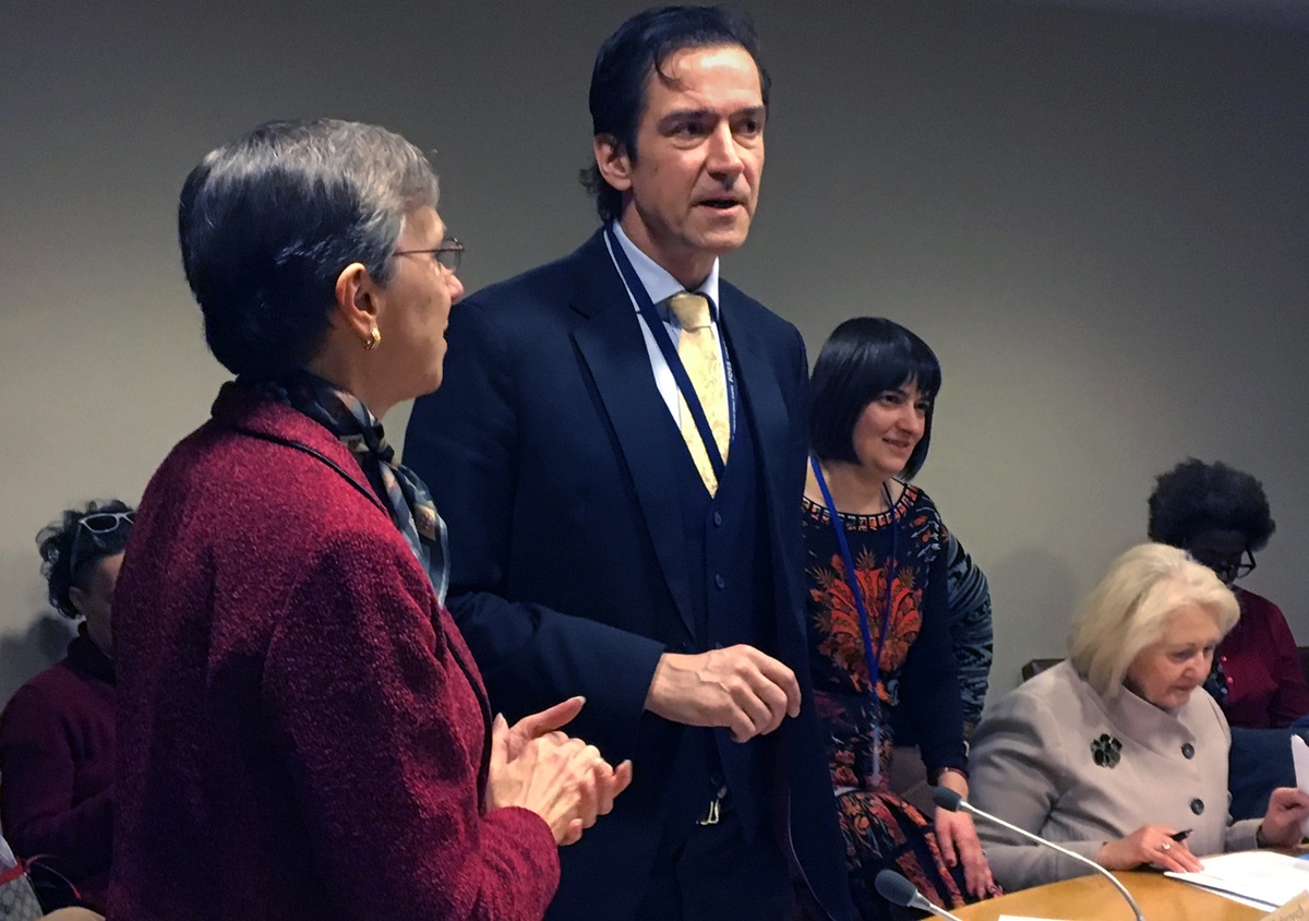 Harriett Jane Olson, top executive of United Methodist Women, talks with Ambassador Kai Sauer, permanent representative of Finland to the United Nations, before a March 16 panel discussion on a women's peace dialogue process that UMW has fostered. The panel was a side event for the 61st Session of the U.N. Commission on the Status of Women. Photo by Linda Bloom, UMNS.