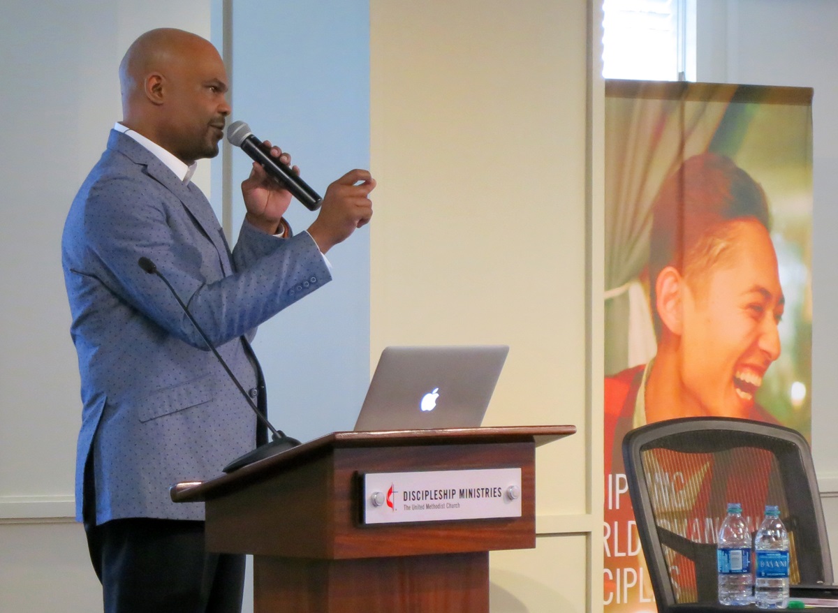 The Rev. Junius B. Dotson, top executive of Discipleship Ministries, lays out his agency’s plans to help United Methodists reach people for Jesus. He addressed his agency’s board in Nashville, Tenn. Photo by Heather Hahn, UMNS.