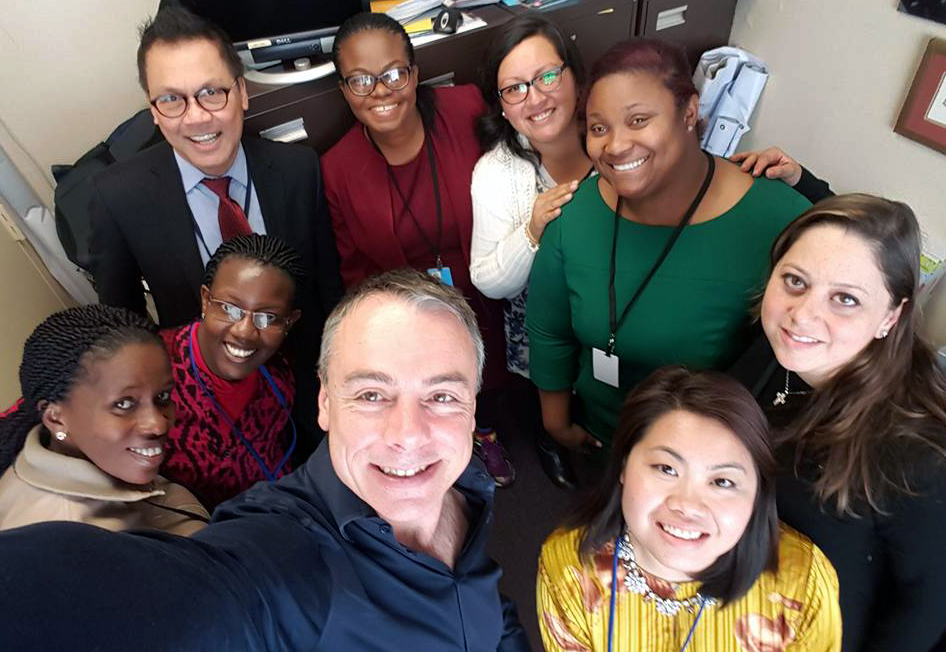Luciano Kovacs, regional secretary for the World Student Christian Federation-North America, takes a selfie with some of the federation’s delegation to the 2017 U.N. Commission on the Status of Women. At upper left is the Rev. Liberato “Levi” Bautista of the United Methodist Board of Church and Society, a “senior friend” of the organization. Photo by Luciano Kovacs.