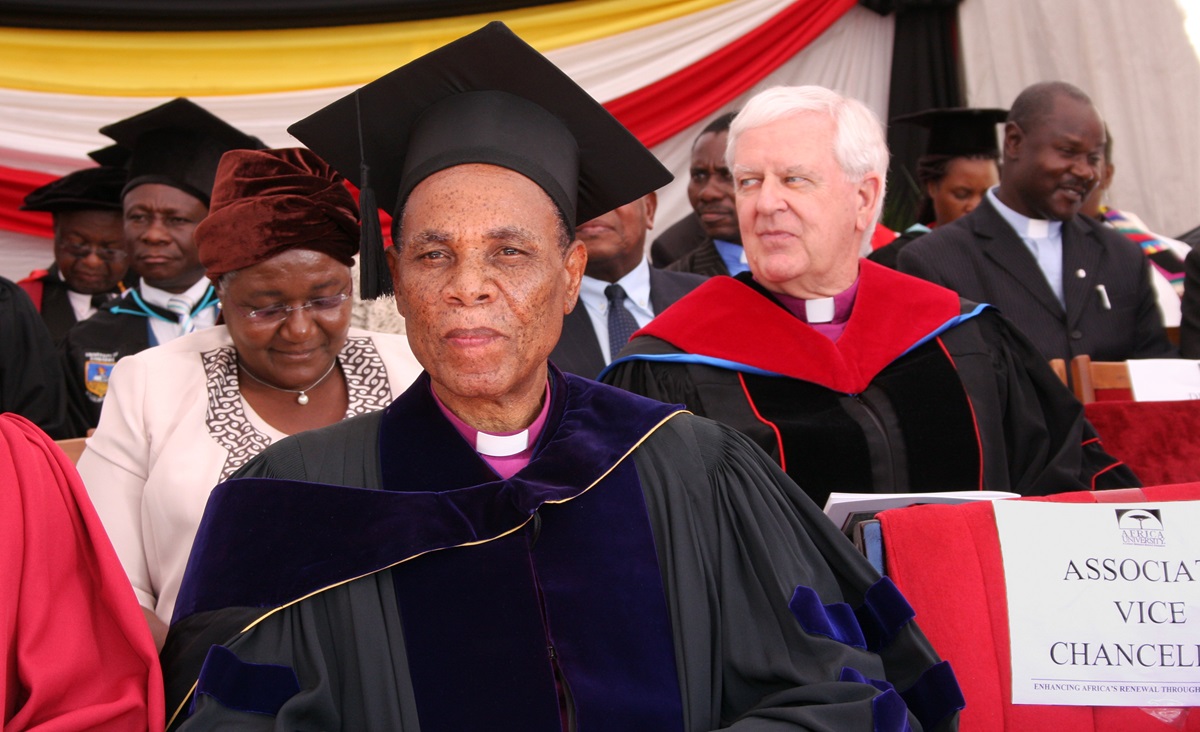 Bishop Eben Nhiwatiwa, center, sits with other attendees at the vice chancellor’s inauguration at Africa University in Mutare, Zimbabwe, on March 21, 2015. Photo by Vicki Brown, UMNS.