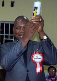 The Rev. Daniel Onashuyaka Lunge expresses joy after being elected a United Methodist bishop by delegates at the Congo Central Conference, March 18. Photo by Eveline Chikwanah.