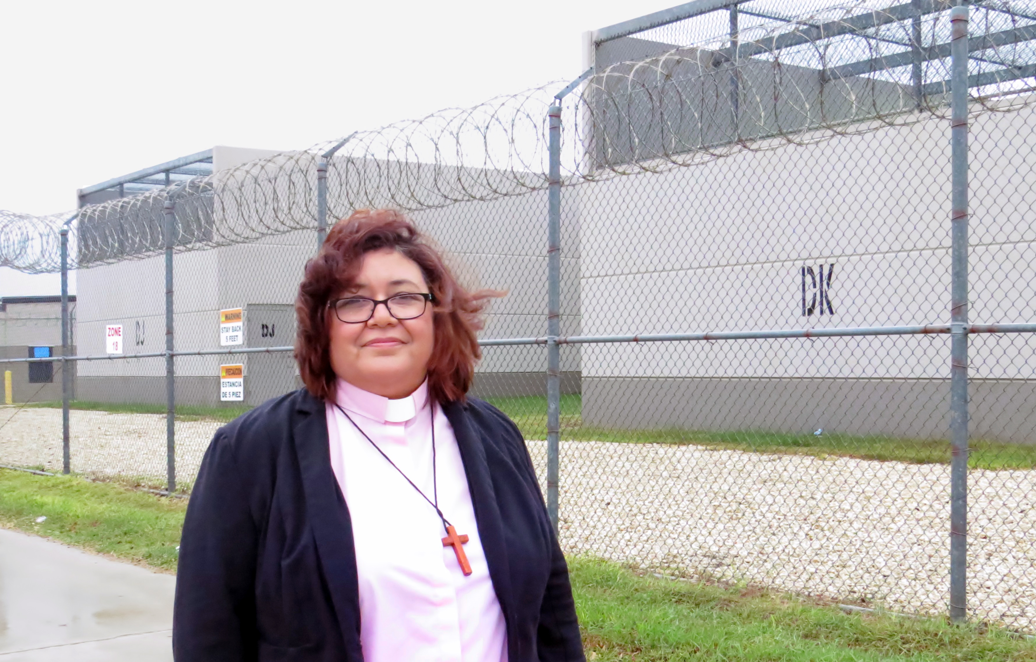 The Rev. Liliana Padilla, pastor of San Pablo United Methodist Church, is a regular visitor to the South Texas Detention Complex in Pearsall, Texas. She gets requests from families and United Methodist Churches to counsel some of those being held there. Photo by Sam Hodges, UMNS.