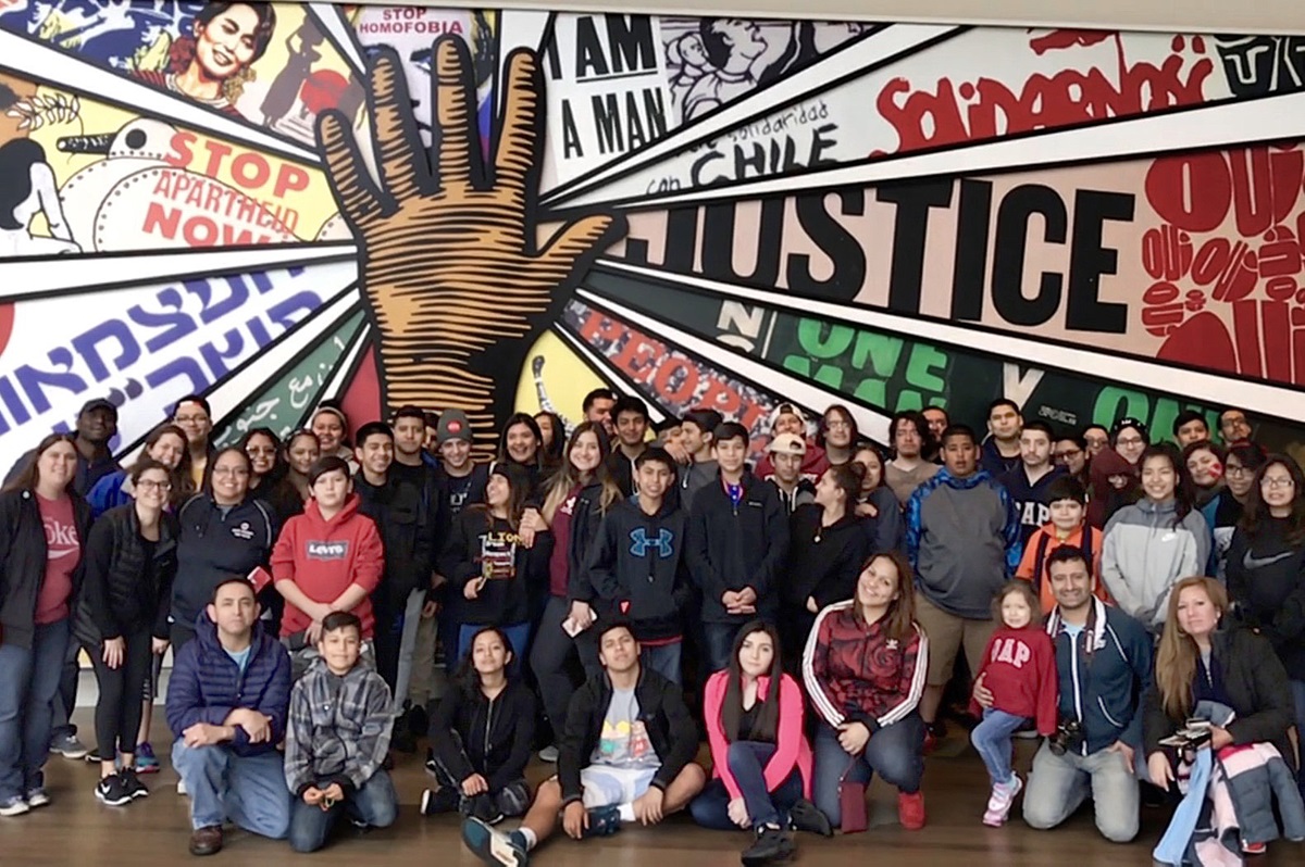 Hispanic youth from Dallas area United Methodist churches and Dallas’ Wesley-Rankin Community Center took a civil rights history tour of the South March 11-15. The group is seen here at the Center for Civil and Human Rights in Atlanta. Photo by Martha Valencia. 