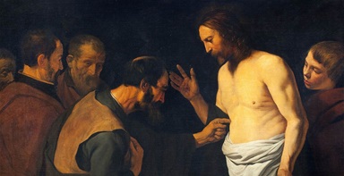 Oil painting "The Doubting Thomas" by Leendert van der Cooghen (1632-1681). Oil painting "The Doubting Thomas" by Leendert van der Cooghen (1632-1681).