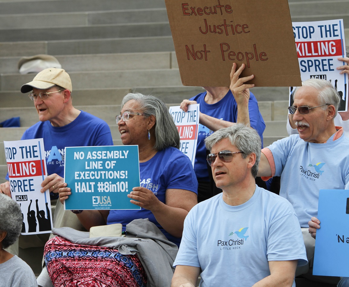 The Rev. Maxine Allen (center) joins death penalty protesters at the Arkansas Capitol in Little Rock. Allen is assistant director for mission field engagement for the Arkansas Conference and a board member of the Arkansas Coalition to Abolish the Death Penalty. Photo by Amy Forbus, Arkansas United Methodist