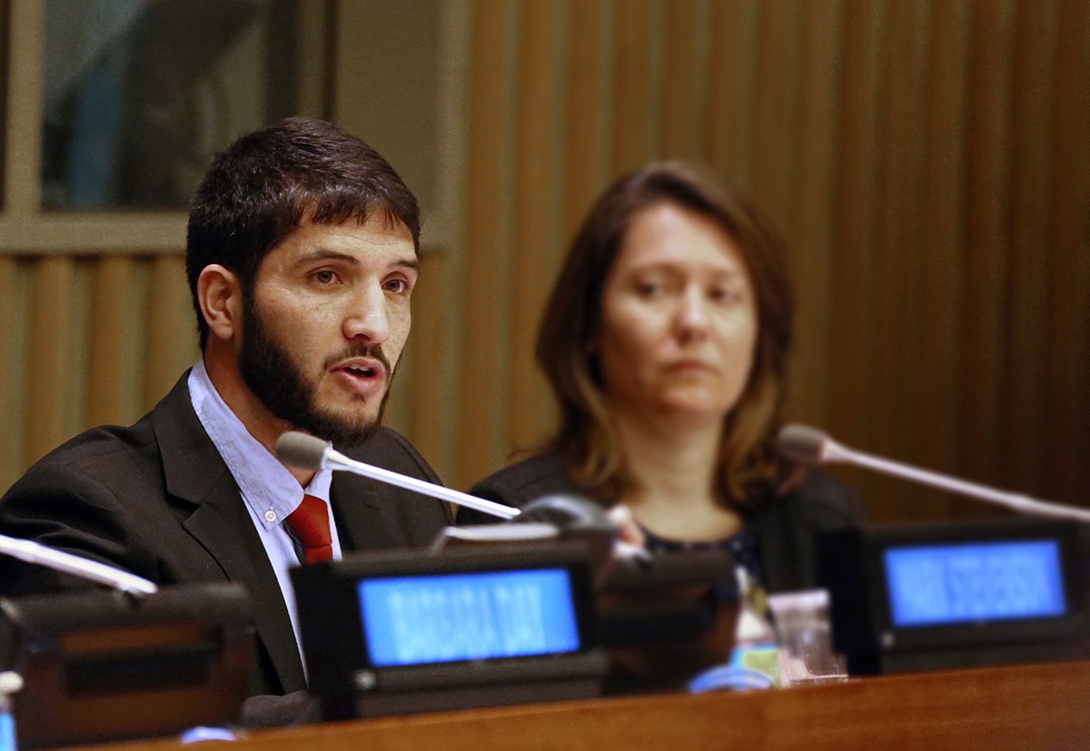 Abdul Saboor speaks about his journey as a refugee to the United States from Afghanistan during a panel discussion at U.N. headquarters on faith-based organizations in refugee resettlement work. Saboor is now a match grant coordinator at Interfaith Works in Syracuse, N.Y. Photo by Mark Dransfield, LDS New York Office of Public and International Affairs.