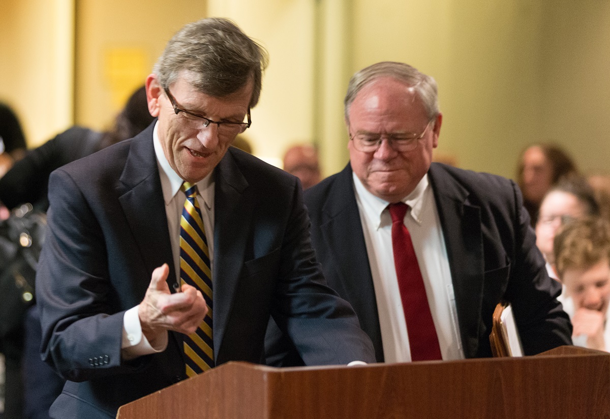 Richard A. Marsh (left) and the Rev. Keith Boyette prepare to make oral arguments about whether a gay pastor can serve as a bishop in The United Methodist Church before the United Methodist Judicial Council, meeting in Newark, N.J. The denomination's top court ruled on April 28 that consecrating a gay bishop violates church law. Photo by Mike DuBose, UMNS